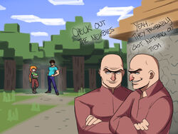  3boys alex_(minecraft) bald beard big_nose blouse blue_shirt boots breasts crossed_arms denim english_text facial_hair female green_shirt hands_on_own_hips highres house jeans large_breasts long_sleeves minecraft multiple_boys orange_hair pants shirt shoes short_sleeves steve_(minecraft) tina_fate tree villager_(minecraft) 