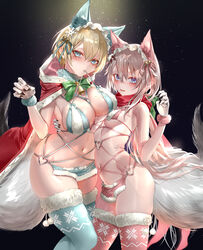  2girls 9a-91_(girls&#039;_frontline) absurdres alternate_costume animal_ears ass bare_shoulders bikini blonde_hair blue_eyes blue_ribbon blue_thighhighs breasts cape christmas claws cleavage commentary_request cosplay fake_animal_ears fox_ears fox_tail girls&#039;_frontline gloves grey_hair hair_between_eyes hair_ornament hair_ribbon highres large_breasts looking_at_viewer medium_breasts mole mole_on_breast mole_under_eye mouth_hold multiple_girls navel official_alternate_costume pink_ribbon pottsness red_cape red_legwear red_scarf ribbon scarf short_hair snowflake_hair_ornament standing swimsuit tail thighhighs thighs twitter_username vsk-94_(christmas_eve_detective)_(girls&#039;_frontline) vsk-94_(girls&#039;_frontline) vsk-94_(girls&#039;_frontline)_(cosplay) white_gloves 