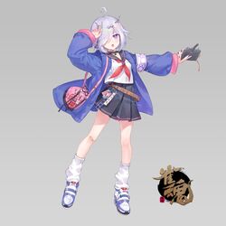  bag blush criin female hair_over_one_eye handbag highres holding holding_notebook jacket looking_at_viewer loose_socks mahjong_soul medium_hair notebook open_mouth purple_eyes school_uniform shoes skirt solo star_(symbol) suzumiya_anju white_hair 