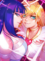  2girls ahoge angel biting_own_lip black_hair blonde_hair blunt_bangs breasts close-up colored_inner_hair commentary english_commentary green_eyes halo long_hair multicolored_hair multiple_girls panty_&amp;_stocking_with_garterbelt panty_(psg) pink_hair qtori siblings sisters stocking_(psg) streaked_hair two-tone_hair 