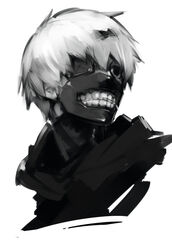  1boy eyepatch greyscale kaneki_ken male_focus mask monochrome one_eye_covered portrait shiromi_(ringo) simple_background solo tokyo_ghoul white_background 