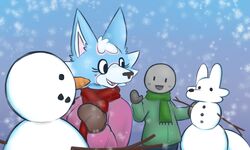  2021 animal_crossing anon anthro biped blue_body blue_fur canid canine canis circlehead clothing digital_media_(artwork) duo female fur gesture handwear human jacket male mammal mittens nintendo open_mouth open_smile pink_body pink_fur scarf skye_(animal_crossing) smile snow snowing snowman topwear waving white_body white_fur wolf zzx 