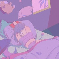  bad_id bad_twitter_id book camisole female from_behind highres leaf long_hair lying on_stomach original panties pillow plant purple_camisole purple_hair purple_panties rasukusekai shadow sleeping solo stuffed_animal stuffed_toy teddy_bear under_covers underwear window 