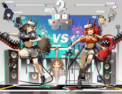  !? 2girls :d absurdres alternate_costume animal_ears arknights ashlock_(arknights) bandeau belt black_bandeau black_belt black_footwear black_socks blemishine_(arknights) brown_hair cameo chinese_commentary closure_(arknights) commentary_request crop_top doctor_(arknights) earclip fartooth_(arknights) flametail_(arknights) flametail_(sport_for_all)_(arknights) full_body gaanc_23_(tomosuge) grey_eyes head-mounted_display highres holding holding_sword holding_weapon indoors justice_knight_(arknights) kneehighs lambda_(arknights) leg_tattoo leg_up long_hair looking_at_another material_growth midriff monitor multiple_girls navel official_alternate_costume oripathy_lesion_(arknights) pixel_art red_eyes red_hair red_shirt school_uniform serafuku shirt shoes short_hair shorts smile socks speaker speech_bubble spoken_expression spoken_interrobang squirrel_ears squirrel_girl squirrel_tail sword tail tattoo teeth thigh_strap upper_teeth_only visor_(armor) visor_lift weapon white_shirt white_shorts wild_mane_(arknights) 