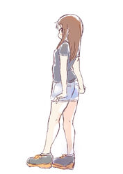  blush brown_eyes brown_hair closed_mouth commentary_request denim denim_shorts female grey_shirt long_hair looking_at_viewer looking_back okano_kei shirt short_sleeves shorts simple_background solo standing tatsunokosso white_background yuyushiki 