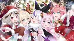  5girls :d ;d ahoge animal_on_head bell bird bird_on_head black_footwear black_hair blonde_hair blue_eyes blush boots braid brown_eyes brown_legwear capelet carrying choker commentary crow_(la+_darknesss) demon_horns dress english_commentary fake_antlers frilled_sleeves frills fur_collar hair_ornament hair_wings hakui_koyori hat highres hololive holox horn_bell horns isuka kazama_iroha la+_darknesss long_hair long_sleeves multiple_girls neck_bell oerba_yun_fang on_head one_eye_closed pantyhose pink_hair princess_carry purple_eyes purple_hair red_capelet red_choker red_dress red_eyes sakamata_chloe santa_hat short_hair simple_background smile takane_lui virtual_youtuber wings x_hair_ornament 