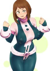  blush_stickers bodysuit boku_no_hero_academia breasts brown_eyes brown_hair commentary_request female highres large_breasts minakami_(flyingman555) open_mouth short_hair simple_background solo uraraka_ochako white_background 