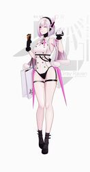  ;) absurdres bad_id bad_pixiv_id bag bare_shoulders black_footwear black_gloves black_socks collared_leotard colomar copyright_name credit_card detached_sleeves female flower full_body fur-trimmed_sleeves fur_trim gloves hair_flower hair_ornament hairband headgear highres holding leotard liv:_lux_(punishing:_gray_raven) liv_(punishing:_gray_raven) lolita_hairband long_sleeves looking_at_viewer one_eye_closed pink_eyes pink_hair pink_ribbon punishing:_gray_raven revision ribbon shoes short_hair smile socks solo standing thigh_strap underbust white_leotard wide_sleeves 