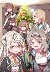  6+girls black_legwear blonde_hair blue_eyes blush bottle breasts brown_hair christmas christmas_tree commentary_request creator_connection desert_eagle_(girls&#039;_frontline) double_bun drink girls&#039;_frontline green_eyes grey_hair hair_bun hair_ornament hairband hairclip hayarob heterochromia highres k2_(girls&#039;_frontline) k3_(girls&#039;_frontline) large_breasts long_hair m1014_(girls&#039;_frontline) multiple_girls open_mouth rfb_(girls&#039;_frontline) skirt small_breasts star_(symbol) suomi_(girls&#039;_frontline) white_hair 