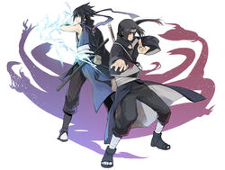  2boys alternate_costume back_bow bandaged_leg bandages black_coat black_footwear black_hair black_nails black_pants blue_headband blue_tunic bow brothers chidori_(naruto) chokutou coat electricity electrokinesis forehead_protector full_body headband high_collar highres katana konohagakure_symbol long_sleeves male_focus multiple_boys nail_polish naruto_(series) naruto_shippuuden ninja pants pouch red_eyes sash scabbard sharingan sheath sheathed shoes siblings simple_background sleeveless sleeveless_tunic standing sword sword_on_back toeless_footwear toeless_legwear tosyoen tunic uchiha_itachi uchiha_sasuke uchiha_symbol wand weapon weapon_on_back white_background white_sash wide_sleeves 