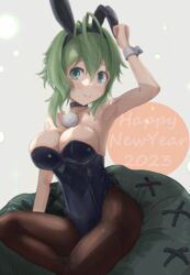  animal_ears arm_up bad_anatomy bare_shoulders bean_bag_chair black_collar black_pantyhose breasts brown_pantyhose collar dated fake_animal_ears female green_eyes green_hair hand_up happy_new_year highres looking_at_viewer maya_(sennen_sensou_aigis) pantyhose playboy_bunny sennen_sensou_aigis sinonome_tounsai smile solo white_wrist_cuffs wrist_cuffs 