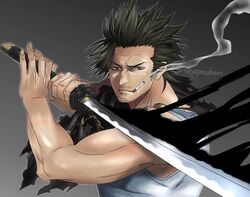  1boy biceps black_bulls_(emblem) black_capelet black_clover black_hair capelet cigarette facial_hair floating_cape frown furrowed_brow hands_on_hilt looking_at_viewer magic male_focus muscular muscular_male shirt sleeveless sleeveless_shirt smoking solo stubble sword tank_top torn_capelet torn_clothes umbrakinesis weapon white_tank_top yami_sukehiro yopon 