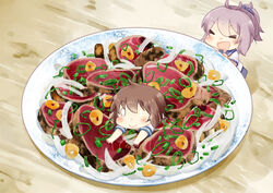  &gt;_&lt; 0_0 2girls :&gt; :d antenna_hair aoba_(kancolle) blush bonito brown_hair commentary_request drooling fish_(food) food furutaka_(kancolle) glowing glowing_eye hair_between_eyes hinata_yuu in_food kantai_collection katsuo_no_tataki lying messy_hair mini_person minigirl mouth_drool multiple_girls neckerchief on_stomach onion open_mouth photoshop_(medium) plate ponytail purple_hair sailor_collar school_uniform scrunchie serafuku shirt short_hair short_sleeves shorts sidelocks smile spring_onion white_shirt xd 