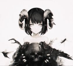  bad_id bad_pixiv_id bare_shoulders bird black_flower black_hair black_rose blank_eyes bone bug centipede commentary demon_girl female flower frown gyup highres holding holding_skull horns horror_(theme) hummingbird locust monochrome muted_color original rose short_hair simple_background skull solo symbol-only_commentary vulture white_background 