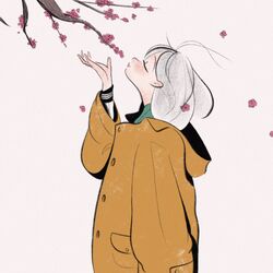  bad_id bad_twitter_id blush branch closed_eyes coat commentary female flower grey_hair hand_up highres hood hood_down long_hair long_sleeves original pink_flower plum_blossoms profile rasukusekai simple_background smelling_flower solo upper_body white_background yellow_coat 