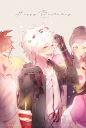  2girls 4boys :d ahoge blonde_hair blush cake candle closed_eyes collarbone commentary cream danganronpa_(series) danganronpa_2:_goodbye_despair dated dated_commentary food gloves green_jacket grey_hair hakamii happy_birthday hinata_hajime hood hood_down hooded_jacket jacket komaeda_nagito kuzuryu_fuyuhiko looking_at_another looking_at_viewer male_focus mechanical_arms medium_hair multiple_boys multiple_girls nanami_chiaki one_eye_closed open_clothes open_jacket open_mouth pink_hair pink_shirt print_shirt shirt short_hair single_mechanical_arm smile soda_kazuichi solo_focus tsumiki_mikan white_hair yellow_eyes 