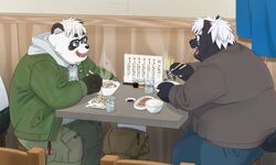  2023 anthro bear black_body black_nose canid canine clothing detailed_background duo eyewear food giant_panda glasses hair hi_res humanoid_hands inside kemoniku120 kemono kokuba_hoeguro male mammal overweight overweight_male sasayama_akira sitting sweater topwear vtuber white_body white_hair 