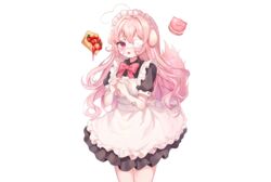  animal_ears apron bandage bandaid blush bow cat_smile eyepatch food fruit headdress long_hair maid original pink_eyes pink_hair strawberry tail white wristwear yam_(dr_yammy) 