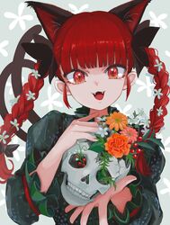  absurdres animal_ears black_bow blunt_bangs bow braid cat_ears cat_tail extra_ears fangs female flower green_shirt hair_flower hair_ornament hairbow highres holding holding_skull ichinose_(kurui96) kaenbyou_rin long_hair long_sleeves looking_at_viewer multiple_tails nekomata open_mouth red_eyes red_hair shirt skull slit_pupils smile solo tail touhou twin_braids twintails two_tails upper_body 