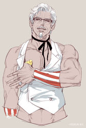  1boy animal animal_on_chest bara bare_arms bird chick colonel_sanders cropped_torso facial_hair glasses goatee i_reibun kfc male_focus mature_male midriff_peek moustache muscular muscular_male old old_man pectoral_cleavage pectorals short_hair sideburns smile solo vest white_hair white_vest 