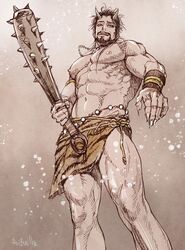  1boy abs animal_print bara beard brown_hair check_copyright club_(weapon) copyright_request facial_hair feet_out_of_frame fingernails from_below highres holding holding_weapon horns i_reibun jewelry kanabou large_pectorals loincloth male_focus mature_male moustache muscular muscular_male navel necklace nipples oni oni_horns original pectorals revealing_clothes sharp_fingernails short_hair solo spiked_club standing stomach thick_thighs thighs tiger_print topless_male weapon 