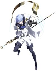  1boy aqua_eyes belt black_gloves blue_hair blue_necktie boots cane cape coat collar gloves hair_between_eyes highres jacket londrekia_light male_focus necktie official_art short_hair shoulder_pads solo transparent_background under_night_in-birth uniform white_cape white_coat white_hair white_jacket yoshihara_seiichi 