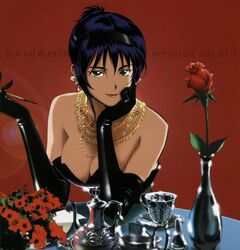  absurdres bare_shoulders breasts check_source cigarette_holder cleavage cowboy_bebop cup dress earrings elbow_gloves elbows_on_table faye_valentine female flower gloves highres jewelry kawamoto_toshihiro lipstick looking_at_viewer makeup necklace non-web_source red_background red_flower rose smile solo source_request table teapot vase 