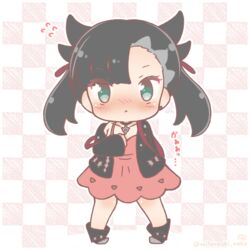  :&lt; asymmetrical_bangs bare_shoulders black_choker black_footwear black_hair black_jacket blush boots checkered_background chibi choker closed_mouth collarbone commentary_request dress female flying_sweatdrops full_body green_eyes hair_ribbon jacket long_hair long_sleeves looking_at_viewer marnie_(pokemon) mitarashi_neko nose_blush off_shoulder open_clothes open_jacket pink_dress pokemon pokemon_swsh red_ribbon ribbon sleeves_past_wrists solo standing translation_request twintails 