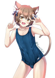  1boy absurdres animal_ears blue_one-piece_swimsuit blush bulge cat_ears cat_tail commentary cowboy_shot double_v felix_argyle hair_ribbon highres male_focus oerba_yun_fang old_school_swimsuit one-piece_swimsuit open_mouth otoko_no_ko re:zero_kara_hajimeru_isekai_seikatsu ribbon school_swimsuit senchimee swimsuit tail v 