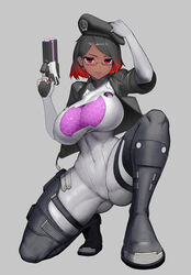  beret black_hair black_jacket bodysuit boots breasts cleavage cleavage_cutout clothing_cutout covered_navel dark-skinned_female dark_skin female full_body glasses gradient_hair gun hand_on_headwear handgun hands_up hat highres hiragana_oufu holding holding_gun holding_weapon jacket large_breasts lips looking_at_viewer multicolored_hair original parted_bangs red_eyes red_hair smile two-tone_hair weapon white_bodysuit 