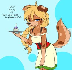  2022 anthro australian_shepherd birthday birthday_cake blonde_hair blue_eyes braided_hair braided_ponytail breasts brown_body brown_fur cake candle canid canine canis clothed clothing cupcake dessert dialogue digital_media_(artwork) domestic_dog dress english_text female floppy_ears food fully_clothed fur german_text hair herding_dog hi_res looking_at_viewer mammal markings one_eye_closed pastoral_dog ponytail sheepdog simple_background smile solo spots spotted_body spotted_fur text translated w0lfmare wink zofie_(fluff-kevlar) 