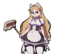  2023 angry animated anthro canid canine canis cleaning_tool clothed clothing digital_media_(artwork) dogscribss domestic_dog eyewear female fur glasses hair legwear long_hair looking_at_viewer maid_uniform mammal mop nen nendoggo pomeranian pouting short_playtime solo spitz thigh_highs uniform 