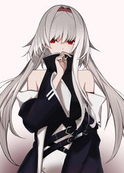  absurdres anchor_symbol azur_lane bad_id bad_pixiv_id bare_shoulders breasts colorado_(azur_lane) commentary_request detached_sleeves female floating_hair gradient_background hair_over_one_eye hairband highres large_breasts long_hair looking_at_viewer red_eyes rrr_ato sideboob sidelocks solo very_long_hair white_hair 