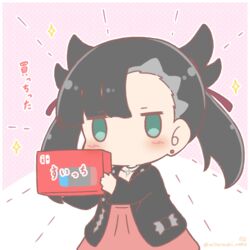  black_hair black_jacket blush chibi commentary_request dress earrings female green_eyes hair_ribbon holding jacket jewelry long_hair looking_at_viewer marnie_(pokemon) mitarashi_neko nintendo_switch open_clothes open_jacket pink_dress pokemon pokemon_swsh red_ribbon ribbon solo sparkle stud_earrings translation_request twintails upper_body 