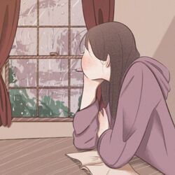  bad_id bad_twitter_id blush book brown_hair curtains facing_away female holding holding_pen hood hood_down hoodie indoors long_hair open_book original pen pencil purple_hoodie rain rasukusekai shadow solo window 