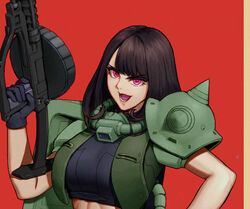  black_gloves breasts brown_hair commission english_commentary female gloves gun gundam head_tilt holding holding_gun holding_weapon humanization large_breasts looking_at_viewer mecha_musume medium_hair mobile_suit_gundam open_mouth pink_eyes portrait roviahc shoulder_spikes solo spikes v-shaped_eyebrows weapon zaku_ii 