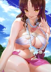  absurdres bare_shoulders bikini black_hair blue_sky blush bracelet braid breasts chest_tattoo cleavage commentary day facial_mark fate/grand_order fate_(series) female flower forehead_mark hair_flower hair_ornament highres jewelry large_breasts long_hair looking_at_viewer mudra multicolored_hair navel necklace nox13 outdoors parted_bangs pearl_bracelet pearl_necklace pink_hair sarong sessyoin_kiara sessyoin_kiara_(swimsuit_mooncancer) sessyoin_kiara_(swimsuit_mooncancer)_(first_ascension) shell shell_necklace sky smile solo streaked_hair swimsuit tattoo thighs tongue tongue_out twin_braids very_long_hair vitarka_mudra wet white_bikini yellow_eyes 