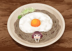  :d blush_stickers brown_hair commentary_request egg_(food) female food fried_egg gradient_hair hair_between_eyes hinata_yuu in_food kantai_collection looking_at_viewer mini_person minigirl multicolored_hair mutsuki_(kancolle) noodles open_mouth pasta photoshop_(medium) plate red_hair round_teeth school_uniform serafuku shadow short_hair short_sleeves smile soba spaghetti spring_onion teeth upper_teeth_only 