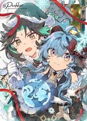  1boy ahoge black_hair blue_hair blush christmas colored_tips diamond-shaped_pupils diamond_(shape) feline female ganyu_(genshin_impact) genshin_impact goat_horns green_hair hat highres horns long_hair multicolored_hair parted_bangs pechka purple_eyes santa_hat short_hair_with_long_locks sidelocks smile symbol-shaped_pupils two-tone_hair xiao_(genshin_impact) yellow_eyes 