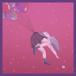  bad_id bad_twitter_id balloon black_footwear black_skirt border box female floating gift gift_box grey_hair highres long_hair long_sleeves original purple_background purple_border rasukusekai reaching reaching_towards_viewer shirt shoes skirt solo white_shirt wide_shot 