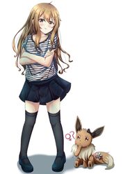  1boy :t ? black_legwear blonde_hair blush bow bulge collarbone commentary_request eevee highres implied_pantyshot long_hair male_focus miniskirt original otoko_no_ko panties pokemon pokemon_(creature) red_eyes senchimee skirt thighhighs underwear venus_symbol zettai_ryouiki 