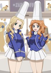  2girls alternate_headwear bc_freedom_military_uniform black_ribbon blonde_hair blue_eyes blue_jacket blue_vest boko_(girls_und_panzer) cake chef_hat closed_mouth commentary dress_shirt drill_hair food girls_und_panzer hair_ribbon hat head_tilt high_collar highres holding holding_saucer holding_tray isabe_(girls_und_panzer) jacket long_hair long_sleeves looking_at_viewer low-tied_long_hair military military_uniform miniskirt mont_blanc_(food) multiple_girls nao_(nao_puku777) open_mouth orange_hair pleated_skirt ribbon saucer shirt skirt smile sofue_(girls_und_panzer) standing stuffed_animal stuffed_toy teddy_bear tray uniform vest wavy_hair white_headwear white_shirt white_skirt 