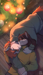  2021 bottomwear canid canine canis christmas christmas_lights christmas_tree closed_eyes clothed clothing cuddling digital_media_(artwork) duo female green_clothing hand_holding hi_res holidays lying male mammal on_back on_ground on_side paper_demon plant skylar_zero sleeping smile sweater topwear tree wolf 