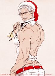  1boy back back_focus bara bare_back bare_shoulders bird chick christmas colonel_sanders facial_hair from_behind glasses goatee hat highres i_reibun kfc looking_at_viewer male_focus mature_male moustache muscular muscular_male old old_man pants pectorals revision santa_hat seductive_smile short_hair sideburns sidepec smile solo tight_clothes tight_pants vest white_hair white_pants white_vest 