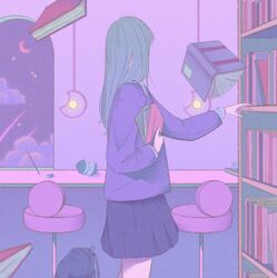  backpack bad_id bad_twitter_id bag black_skirt blue_hair book bookshelf cloud cowboy_shot crescent_moon female highres holding holding_book jacket long_hair moon open_book original pleated_skirt purple_jacket purple_theme rasukusekai skirt solo stool window 