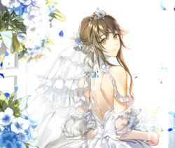  brown_hair ddaomphyo dress flowers forever_7th_capital headdress tiara wedding_attire yellow_eyes 