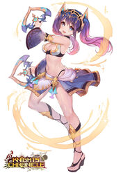  :d bare_shoulders black_panties blue_eyes blue_hair breasts chakram choker cleavage commentary_request copyright_name dancer detached_sleeves dual_wielding erin_(knights_chronicle) female full_body gradient_hair headgear highleg highres holding holding_weapon khj knights_chronicle leg_up logo long_hair looking_at_viewer medium_breasts midriff miniskirt multicolored_hair navel official_art open_mouth panties pink_hair revealing_clothes sandals side_slit sidelocks simple_background skirt smile solo sparkle standing standing_on_one_leg stomach thighs twintails two-tone_hair underwear weapon white_background wide_sleeves 