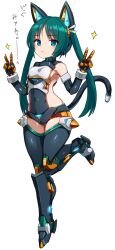  :&lt; animal_ears armored_boots bare_shoulders black_boots black_gloves black_leotard black_thighhighs blue_eyes boots breasts cat_ears cat_tail closed_mouth covered_navel double_v female full_body gloves green_hair hands_up highres karukan_(monjya) leotard long_hair mecha_musume pygmalion shinrabanshou simple_background small_breasts solo sparkle standing standing_on_one_leg tail thighhighs translation_request twintails v very_long_hair white_background 