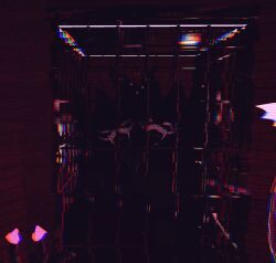  ambiguous_gender anthro backrooms backrooms_creature black_body cage cryptiacurves duo ear_piercing glowing glowing_eyes humanoid karelia_(ace_rattman) looking_at_viewer monster multiple_piercings nude open_mouth piercing smiler_(the_backrooms) teeth the_backrooms tongue tongue_out 