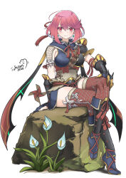  armor black_armor breasts crossed_legs female fishnet_thighhighs fishnets highres kamura_(armor) large_breasts monster_hunter_(series) pyra_(xenoblade) red_eyes red_hair red_thighhighs sandals short_hair signature simple_background single_bare_shoulder sitting sofusan1526 solo thighhighs white_background xenoblade_chronicles_(series) xenoblade_chronicles_2 